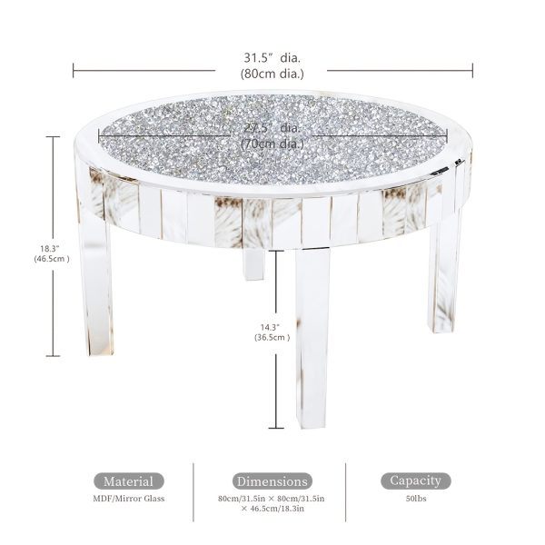 AESOME Glam Silver Mirrored Round Coffee Table Crushed Diamond Accent Side Table With Beveled Glass Edge Modern Center Table For Living Room And Office (31.5" D X (31.5" W X 18.3" H)