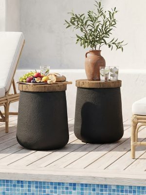 [Round Accent Table] Small Jar Cylinder Tree Ring Side Table, Black Magnesium Oxide End Table with Wood Grain Top - Round Accent Table for Living Room, Bedroom, Balcony