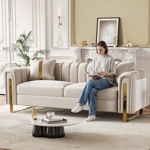 product-fancy-60f8d2cf-38fa-43e7-af50-614fb109d76a Set of 2 67" 2-Seater/ 84.7" 3-Seater Chesterfield Sofas Luxury Velvet Couches Modern White And Golden Sofas for Living Room, Mid-Century Victorian Loveseats with Removable Cushions And 2 Toss Pillows And Golden Metal Legs