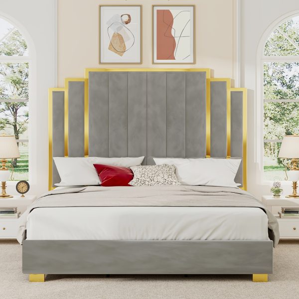 product-fancy-61065457-7313-4b8d-860f-b733d82d4a38 LUXOAK Modern Upholstered Bed Frame with 65" Headboard, Golden Plating Trim, Platform Design - No Box Spring Needed