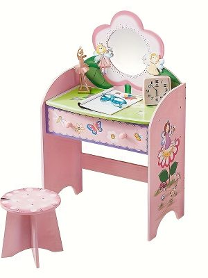 Kids Vanity Set - Princess Deluxe Vanity Table Set 2-in-1 Wooden Writing Desk & Stool, Mirror & Drawer, Perfect for Kids' Pretend Play, Developing Creativity And Fine Motor Skills, Durable Construction, Easy to Assemble, Best for Girls Christmas Gift