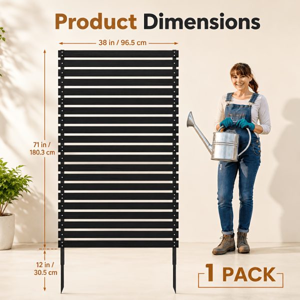 [Outdoor Privacy Fence] 38" X 71" Outdoor Privacy Fence Screen, Black Wooden Slatted Panels With Sturdy Metal Stakes, 12" Ground Insert, Garden Privacy Fence For Air Conditioner Cover, Patio, Yard, Pet Fence And Outdoor Decoration
