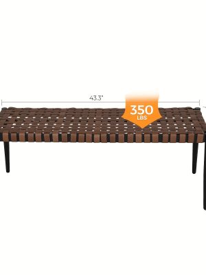 Grand Patio Bench, 2-Seat Leather-Look Wicker Bench with Tapered Legs, Outdoor Bench for Small Front Porch Entryway
