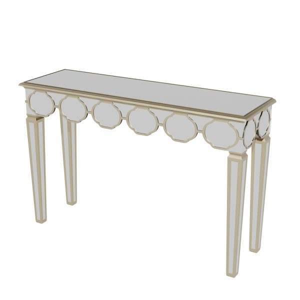 AESOME Luxury Elegant Mirrored Console Table 47.24 Rectangular Silver Mirrored Entryway Table Lantern-Shape Pattern Decor with Golden Rim Legs Sofa Side Tables Long Hallway Table for Foyer, Entrance, Offices Decor