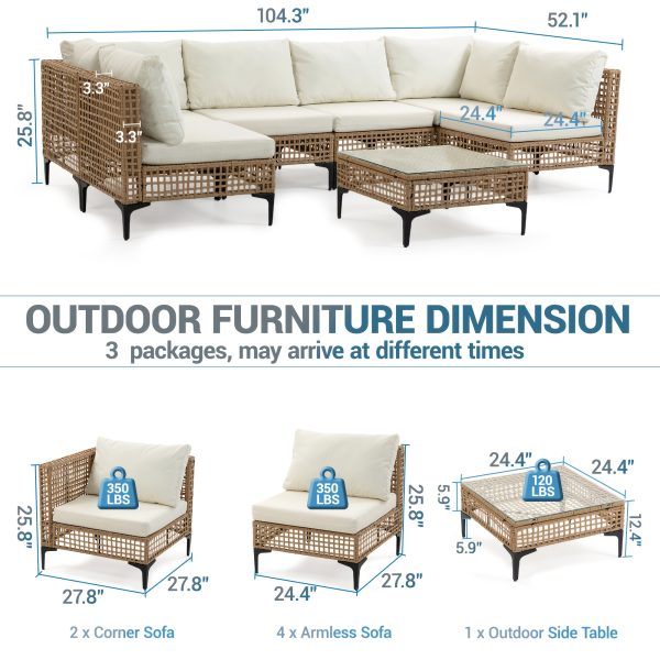 WENTUM 7pcs Outdoor Sectional Sofa Set, Boho Wicker Rattan Patio Furniture with Cushions And Table for Patio, Lawn, Backyard, Porch