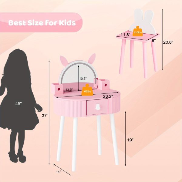 product-fancy-61c55a8e-1738-43fa-94e3-31ff192be0af JOYMOR Kids Vanity Set with LED Lights, Girls Vanity Set, with Touch Screen, 3 Colors Adjustment, Solid Wood Leg, Large Drawer, 2 Storage Boxes, Kids Vanity Table and Chair Set, Birthday/Festival Gift for Girls, Animal Style