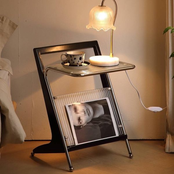 product-fancy-6236499b-d420-4dc0-8bcc-8c6feacb0671 Black Z-Shaped End Table Featuring a Glass Top And Magazine Holder, Perfect As a Retro Accent Table Or a Small Coffee Table with Storage for Your Living Room Or Bedroom