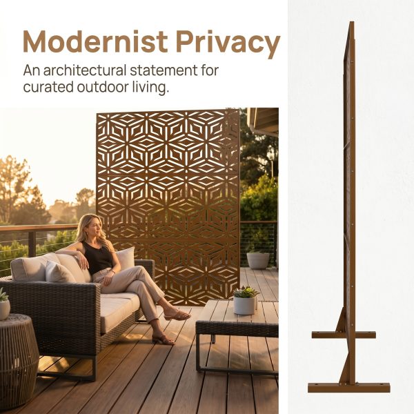 product-fancy-628d7ec8-4ce0-40cc-8678-bc7a9aa25b9e Walnut Brown Metal Privacy Screen 76"X48" Freestanding, Premium Indoor Outdoor Decorative Fence Panel Divider for Deck Balcony Patio Backyard Lawn Garden Pool Yard Porch Front Yard Bedroom Living Room Office Studio Entryway Hallway Decorative Fence