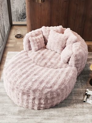Oversized Chaise Lounge Chair Indoor with Ottoman 55" W X 75" L Round Reading Chair Plush Faux Fur Corduroy Cloud Circle Boneless Chair with 5 Pillows for Living Room