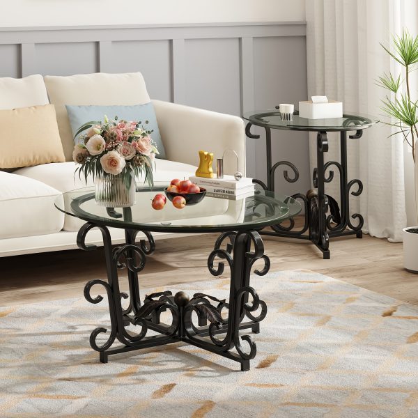 product-fancy-62c52b29-b071-4f7e-a3ee-520713d61146 3pcs Round Glass Coffee Table Set, Tempered Glass Top with Black Metal Frame, Modern Living Room Furniture Set with 1 Coffee Table & 2 End Tables for Apartment Small Spaces