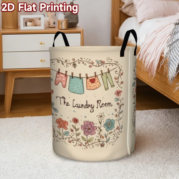 product-fancy-62fd17aa-39ba-463a-8f4b-f983a6ef2856 1pc Laundry Basket with Cute Floral & Clothespin Design - High-Capacity Foldable Hamper, Durable Polyester Fabric Storage Bin with Sturdy Handle for Bedroom, Bathroom, Dorm Organization (Beige)