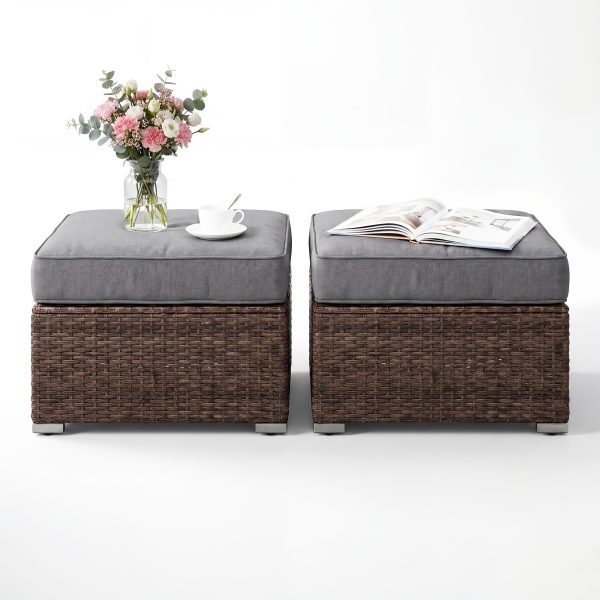 product-fancy-63487438-8a70-43d7-bc19-0b047c237c21 2pcs Large Square Outdoor Wicker Ottoman Set with Thick Cushions - All-Weather PE Rattan Suitable for Garden, Poolside, Patio Furniture, Grey/White Cushioned Stool, Footrest for /Outdoor Use, Assembly & Low Maintenance