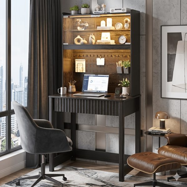 product-fancy-6359e88b-a15c-4ce9-b76d-ce22126f2b6b HWB Modern Computer Desk with Pegboard, 64" Home Office Desk with LED Lights & Charging Station, Small Study Desk with Hutch And Storage Shelves for Bedroom