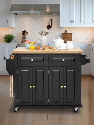 Rolling Kitchen Island with Drop Leaf, Thicken Rubberwood Top, Spice Rack, Towel Rack, Drawer, 43.3" Portable Mobile Kitchen Island Carts Table, Storage Cabinet, Both Wheels And Feet