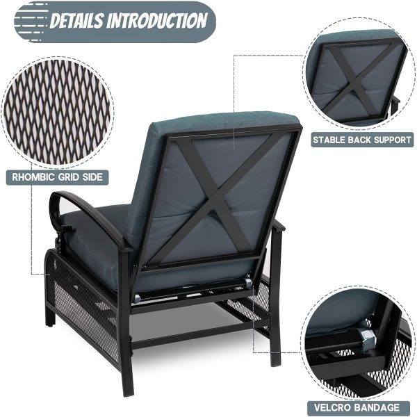 Patio Adjustable Lounge Chair, Waterproof Metal Chaise Longue With Blue Cushions, Perfect For Porch, Backyard, Pool Or Garden