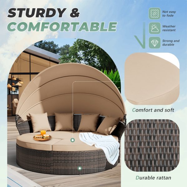 [Round Daybed With Canopy] Outdoor Patio Round Daybed With Retractable Canopy, Clamshell Sectional Seating Wicker Furniture With Washable Cushions For Backyard, Lawn, Poolside, Garden, And Outdoor Living Spaces, Brown