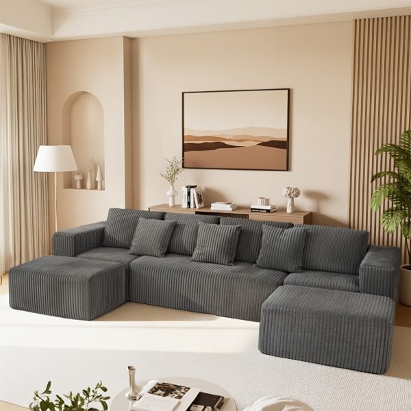 product-fancy-63e2c3c7-e94b-4050-8004-2062e9249c24 131'' Modular Sectional Couch, U-shaped Sofa, Chaise Lounge, Striped Fabric, Upholstered 4 Seater Couch for Living Room, Bedroom, Free Combination Sofa (Corduroy), Gray