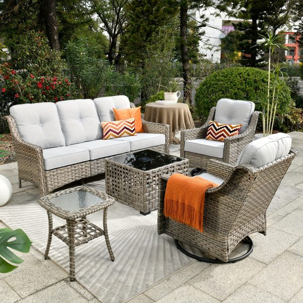 product-fancy-64027fc4-1207-4e6f-821b-f64e41b3ef54 5pcs Outdoor Patio Furniture Set with 2 Swivel Chairs, 1 Outside Sofa, 1 Side Table and 1 Solar Lighting Glass Coffee Table - All-Weather Wicker Patio Conversation Set Modern Design for Garden, Deck, and Porch Decor