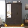 product-fancy-644d435b-f019-48f6-9191-72ea86704634 3 Doors Armoire Wardrobe Closet with Mirror, LED Armoire with Doors And Drawers, Wooden Armoire Storage Cabinet with Hanging Rod, Adjustable Shelves