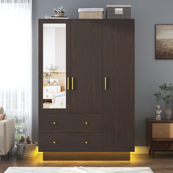 product-fancy-644d435b-f019-48f6-9191-72ea86704634 3 Doors Armoire Wardrobe Closet with Mirror, LED Armoire with Doors And Drawers, Wooden Armoire Storage Cabinet with Hanging Rod, Adjustable Shelves
