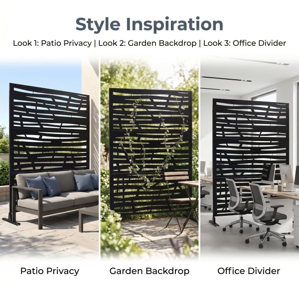 product-fancy-64ca7a7d-e996-4c9d-9a9c-a28b4dbc3518 Freestanding Black Metal Privacy Screen 76"x48", Bold Indoor Outdoor Decorative Fence Panel Divider for Deck Balcony Patio Backyard Lawn Garden Pool Yard Porch Front Yard Bedroom Living Room Office Studio Entryway Hallway Restaurant Decorative Fence