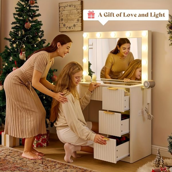 product-fancy-64ce296e-4a50-4d57-a0ef-19b83792c8fc ALBOTT Fluted Vanity Desk With Large Mirror, Adjustable LED Lights, Glass Top, Charging Station And 4 Or 7 Drawers Makeup Table For Women And Girls, Suitable For Home Use
