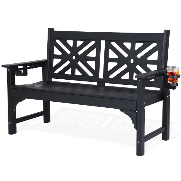 product-fancy-64eead32-7f9e-4285-859d-674cb4d94c9c Outdoor Bench with Cup Holders, HDPE Weatherproof Garden Bench 2-Person, Fade/Rot Resistance Patio Benches for Porch And Park