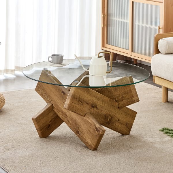product-fancy-6535e366-d06e-49a8-ad86-a82ec3ed052c Modern Round Glass Coffee Table 33.4", Clear Tempered Glass Top with White Patterned MDF Legs, Stable Load Bearing 130 Lbs, Unique Contemporary Center Table for Living Room, Dining Room, Apartment, Easy Assembly In 10-15 Minutes.
