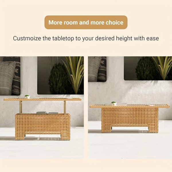 [Outdoor Wicker Table] Extendable Outdoor Wicker Coffee Table Measuring 51.25 Inches in Length And 27 Inches in Width, Featuring a Luxurious Brown Woodgrain End That Offers a Natural Feel And Outstanding Durability