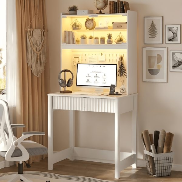 product-fancy-655d24ce-59f4-4103-92a7-aaceef70bb76 HWB Modern Computer Desk with Pegboard, 64" Home Office Desk with LED Lights & Charging Station, Small Study Desk with Hutch And Storage Shelves for Bedroom