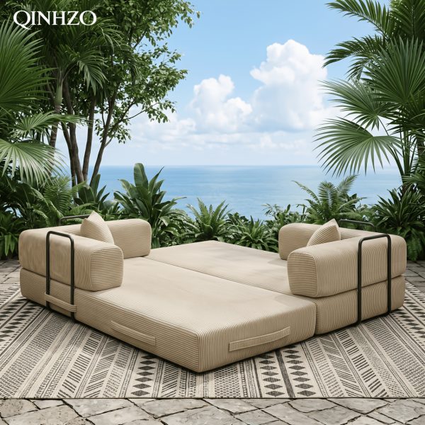 [Modular Sofa Bed] 107.8 Inch Corduroy Modular Sofa Bed - Convertible King Bed Suitable for Patio, Balcony & Beach House, No Assembly Required Outdoor Couch with Foam Frame, High-Density Foam Cushioning, Luxury for -Weather Living Room Furniture
