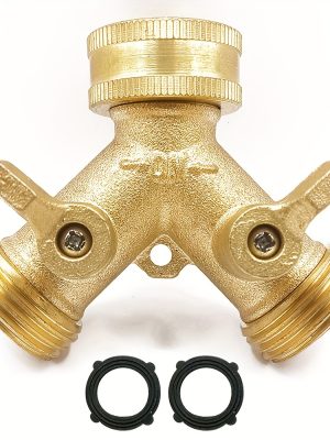 A Solid Brass Heavy-Duty Dual-Direction Y-Shaped Water Faucet Diverter, Weighing 166G, Made of Brass, Featuring a Garden Hose Splitter with Two Outlets And a GHT 3/4 Connector Valve, Includes Two 3/4" Waterproof Washers