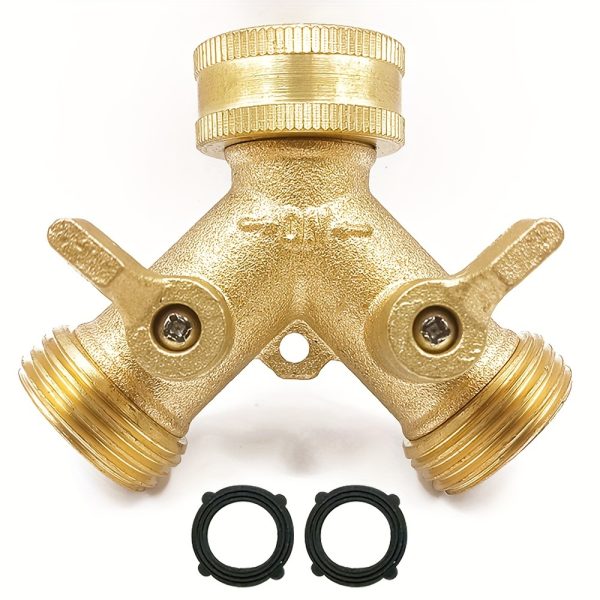 A Solid Brass Heavy-Duty Dual-Direction Y-Shaped Water Faucet Diverter, Weighing 166G, Made of Brass, Featuring a Garden Hose Splitter with Two Outlets And a GHT 3/4 Connector Valve, Includes Two 3/4" Waterproof Washers