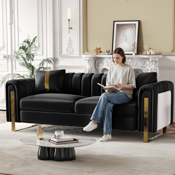 product-fancy-667dc165-e793-48c5-a032-d768cce39f7a Set of 2 67" 2-Seater/ 84.7" 3-Seater Chesterfield Sofas Luxury Velvet Couches Modern White And Golden Sofas for Living Room, Mid-Century Victorian Loveseats with Removable Cushions And 2 Toss Pillows And Golden Metal Legs