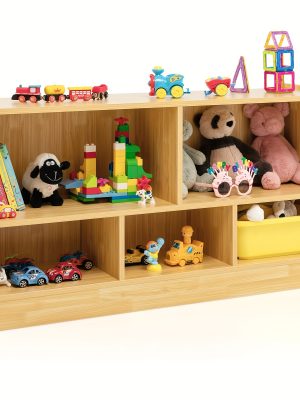 Beige Wooden Storage Cabinet with 2 Shelves And 5 Cubes., Storage Box