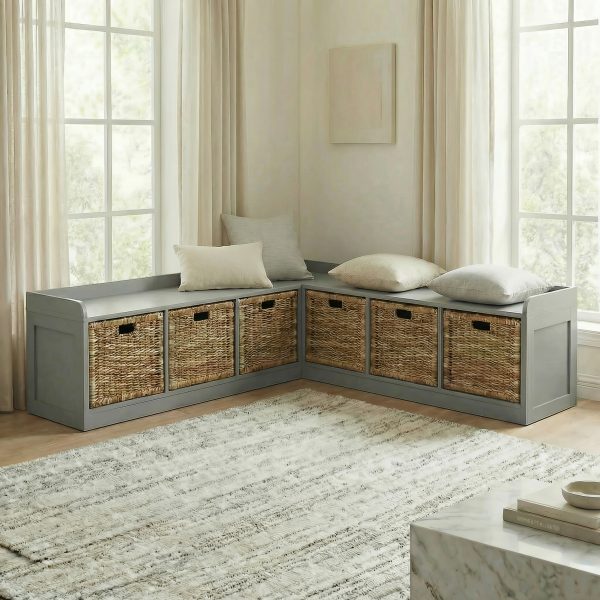Modern L-Shaped Shoe Cabinet with 6 Rattan Drawers, Multi-Functional Wood Shoe Storage Cabinet with Storage Compartments, for Entryway And Living Room, Modern Design, Gray
