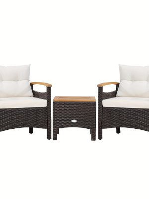 3pcs Patio Rattan Furniture Set Wooden Armrest Table Top Cushioned Deck