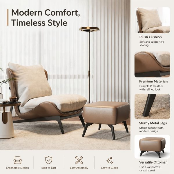 product-fancy-66cb20b3-65da-418c-a41f-f21d67947f18 Modern Single Sofa Chair with Ottoman Footrest - Comfortable Armchair with Armrests, Solid Wood Frame & Cushioned Seat, Beige/ Brown/Black/Navy Blue/Gray Upholstered Fabric Accent Chair for Living Room, Bedroom, Balcony - Easy Assembly Required, Space-Saving Design, Foam Padding & Sturdy Hardwood Construction, Minimalist Style, Versatile for Reading or Relaxing