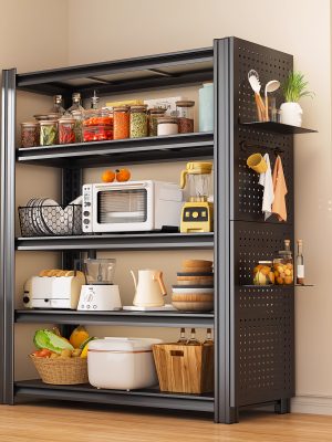 5-Tier Heavy-Duty Adjustable Kitchen Storage Shelf with Modular Shelving System & -Standing Suitable for Kitchen Organizers, Garage Tools, Microwave Stand, Baker's Rack, Utility Shelves - Assembly, Space-Saving Unit