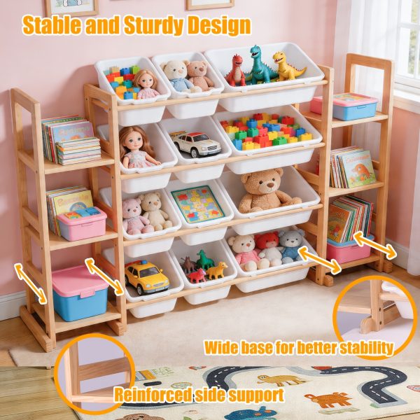 product-fancy-66efb917-d7c1-4e39-87e7-af54121ede2c Storage Organizer with 6 Shelves And 12 Bins, 52.3 Inch Wide Kids Bookshelf And Organizer, Wooden Bookcase with Storage Bins for Playroom, Bedroom, Nursery And Room Decor