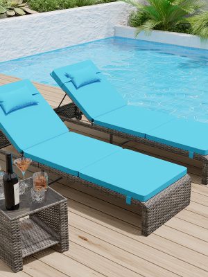 Lounge Chair Set, 3pcs Outdoor Modern Patio Furniture Lounge Chairs Set of 2 with Adjustable Backrest And Side Table, Durable PE Wicker, Weather Resistant Cushions, Blue