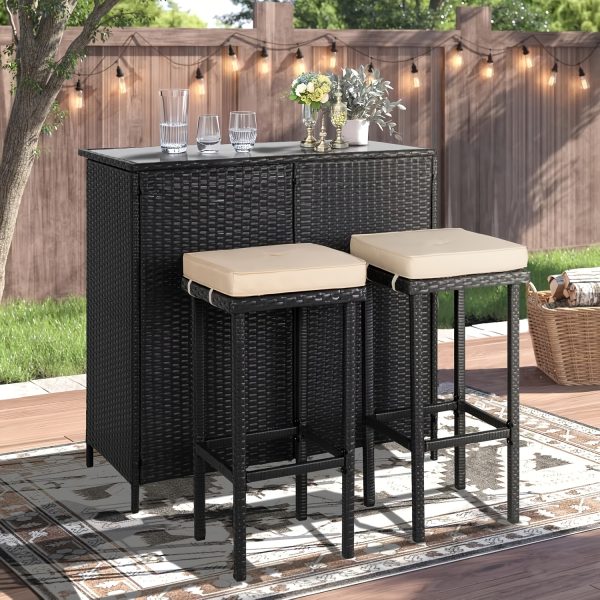 3pcs Outdoor Wicker Patio Bar Set with Hidden Storage Shelf, Brown Glass Top Table with Two Matching Stools and Comfortable Cushions for Backyard, Garden, Poolside and Patio