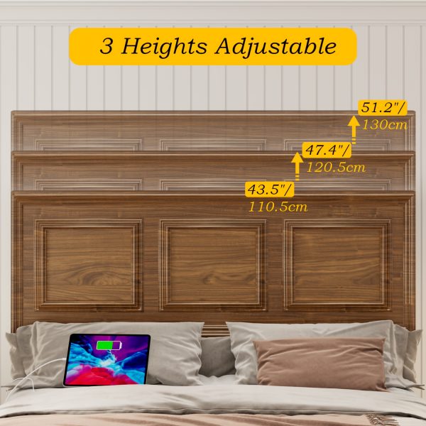 Brown and White Farmhouse Style Platform Bed Frame with Height Adjustable Headboard