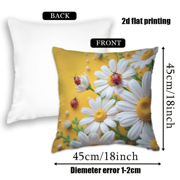 product-fancy-67775884-f726-4be5-a382-171e22ca943f 2D Flat,Terrace Cushion Cover,1pc 18X18 Inches Quare Pillow Cover, Ladybugs Rest on Daisies.,Decoration, Gifts,Valentine Festival Gifts,Outdoor Indoor,Garden Decoration, 2D Flat