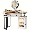 product-fancy-67ce4b06-a67d-4e4b-8e6b-cf0c2831beb6 Dystler Corner Vanity With Mirror And Lights, Modern Makeup Vanity Set With Charging Station For Bedroom/Cloakroom, Glass Top Vanity Table With Drawers And Shelves, White