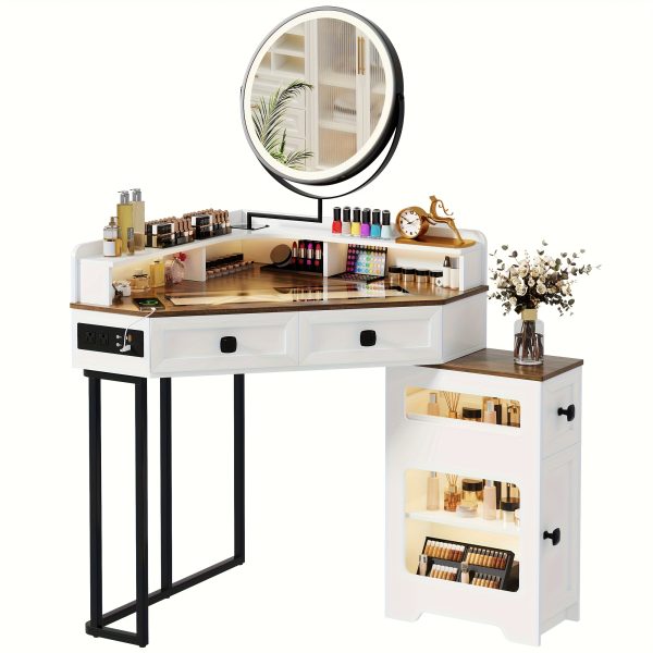 product-fancy-67ce4b06-a67d-4e4b-8e6b-cf0c2831beb6 Dystler Corner Vanity With Mirror And Lights, Modern Makeup Vanity Set With Charging Station For Bedroom/Cloakroom, Glass Top Vanity Table With Drawers And Shelves, White