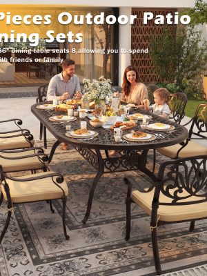 9pcs Cast Aluminum Patio Furniture, Outdoor Dining Sets for 8 Include 87" Oval Patio Dining Table And 8 Chairs with Cushions & Umbrella Hole (Bronze)