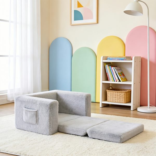 product-fancy-68850be2-b053-46f3-841b-43ba2fbe3279 Kids Sofa 2-in-1 Convertible to Recliner Chair - Soft Plush Gray/Pink/White Youngsters Lounge Chair with Storage Pocket, Cozy Folding Playroom Furniture for Boys And Girls, Youngsters Playroom Furniture Pocketed Armrests | Velvet Upholstery, Chair