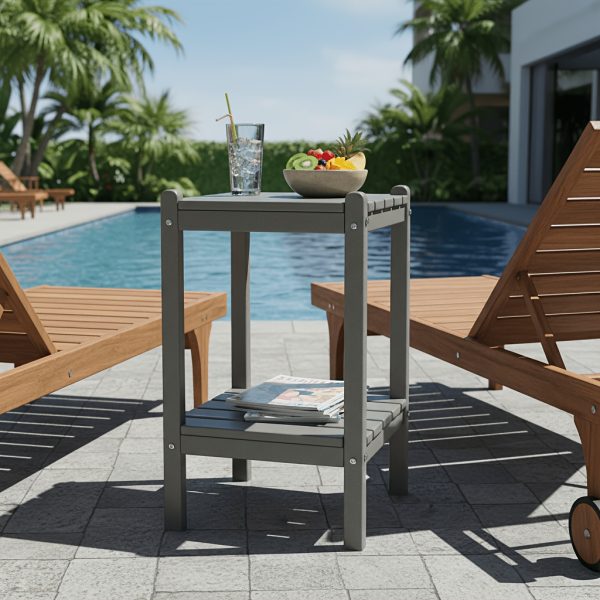 Outdoor HDPE Double-layer High Side Table, Leisure Side Table with Double-Layer Storage Design, Multifunctional Small Coffee Table, for Courtyard, Pool, Terrace And Balcony, Gray