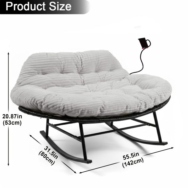 [Outdoor Rocking Chair] Double Outdoor Rocking Papasan Chair, 2-Person Oversized Loveseat Rocker with Thickened Soft Cushion And Rattan Wicker Frame for Patio, Garden, Balcony Relaxation